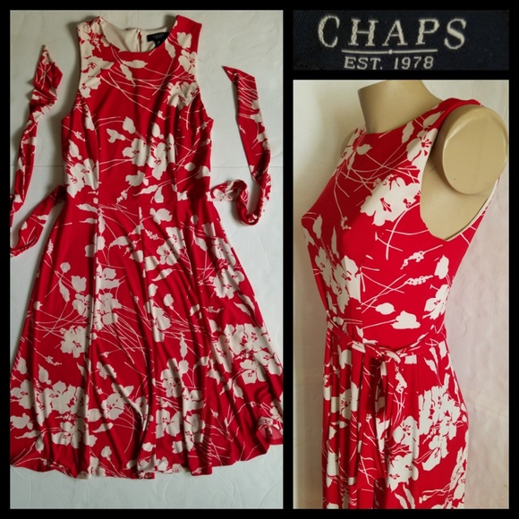 EUC Chaps Red Floral Dress - Medium - Picture 1 of 4